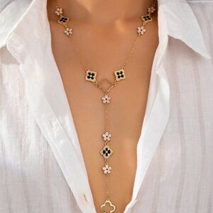 Gold Black Floral Lariat Necklace